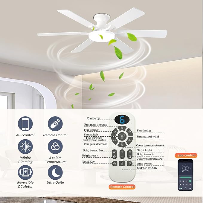 Ceiling Fans with Lights,54 Inch Low Profile Ceiling Fan with Light and Remote Control,6 Speeds/6 Blade,Flush Mount,LED Dimmable DC Reversible Modern, White Ceiling Fan for Bedroom/Living Room