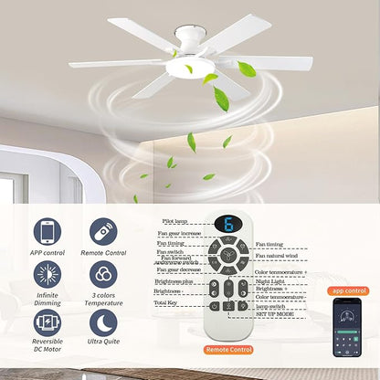 Ceiling Fans with Lights,54 Inch Low Profile Ceiling Fan with Light and Remote Control,6 Speeds/6 Blade,Flush Mount,LED Dimmable DC Reversible Modern, White Ceiling Fan for Bedroom/Living Room