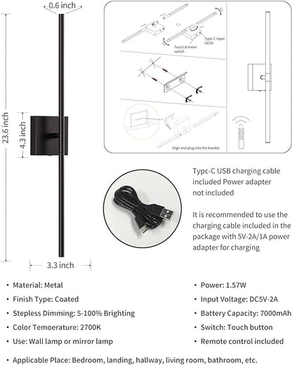 KDG Cordless Wall Sconces Set of 2, Wireless 5200mAh Rechargeable Battery Operated LED Wall Lamps with Remote, 360° Rotate Lightings for Wall Painting, Bedroom, Hallway, Night Light 23.6 inch (Black)