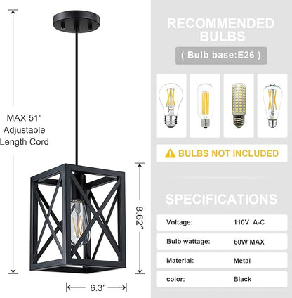 1 Light Hanging Rustic Farmhouse 6.3" Metal Lantern Cage Pendant Ceiling Light Fixture Over Sink Dining Room Bedroom Kitchen Island 3 Pack Black