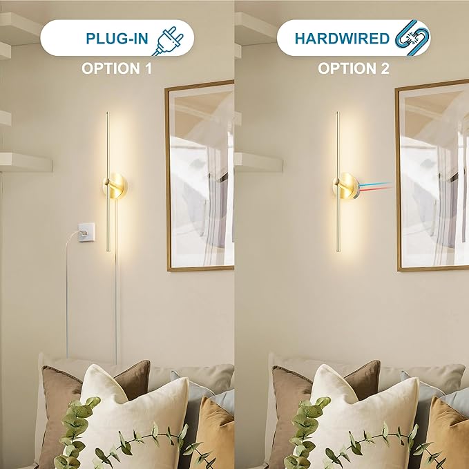 ZAGO Plug in or Hardwired Linear Wall Sconce: 24 Inch LED Indoor Modern Linear Wall Lights Set of Two with On/Off Switch, 5CCT Switchable, Brushed Gold, Dimmable for Living Room, Bedroom, Hallway