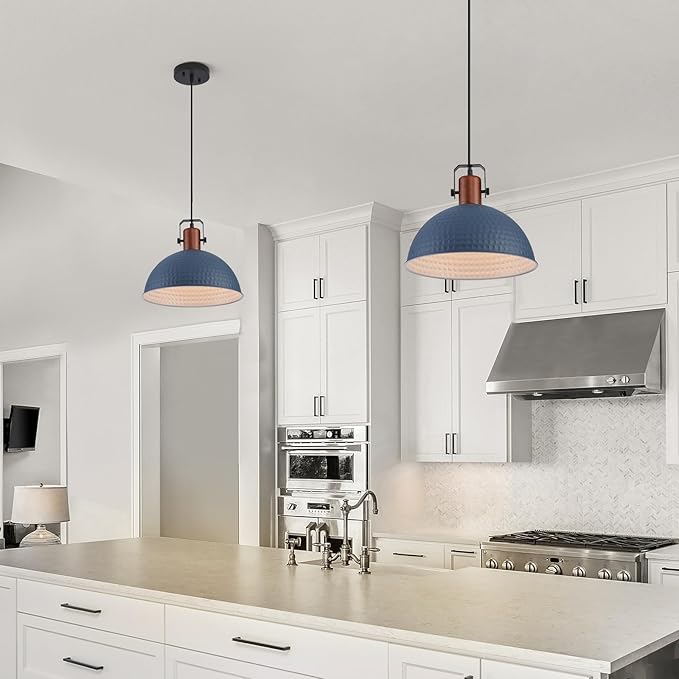 12 Inch Blue Pendant Lights Hammered Matte Pendant Lights for Kitchen Island Industrial Farmhouse Adjustable Height Dome Hanging Light Fixtures for Barn, Dining Room 3 Packs