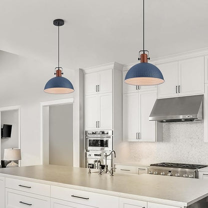 12 Inch Blue Pendant Lights Hammered Matte Pendant Lights for Kitchen Island Industrial Farmhouse Adjustable Height Dome Hanging Light Fixtures for Barn, Dining Room 3 Packs