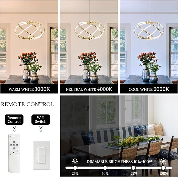 Gold Modern Chandelier with Remote Control, 48W 3-Color Temperature Dimmable LED Chandelier for Dining Room, Hanging Adjustable Pendant Light for Living Room Kitchen Foyer Entryway