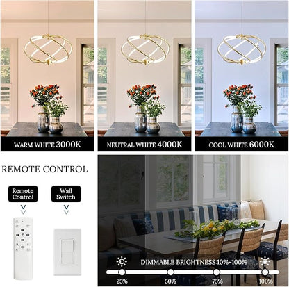 Gold Modern Chandelier with Remote Control, 48W 3-Color Temperature Dimmable LED Chandelier for Dining Room, Hanging Adjustable Pendant Light for Living Room Kitchen Foyer Entryway