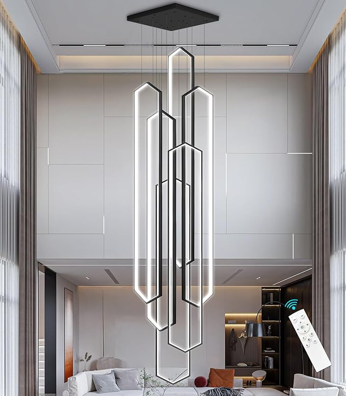 6 Rings Black Modern Long Large Chandelier Dimmable LED High Ceiling Chandelier for Living Room Foyer Staircase Enterway Hanging Light Fixture Modern Ceiling Light