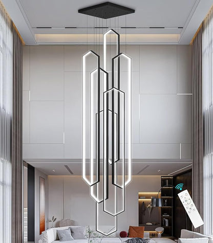6 Rings Black Modern Long Large Chandelier Dimmable LED High Ceiling Chandelier for Living Room Foyer Staircase Enterway Hanging Light Fixture Modern Ceiling Light