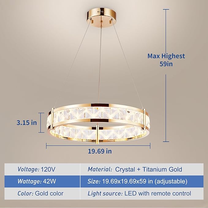 Depuley Modern LED Crystal Chandeliers: 19.7" Ring Chandelier Hanging Crystal Ceiling Light Fixture - 42W Adjustable Height Pendant Light for Living Room Dining Room Bedroom Foyer