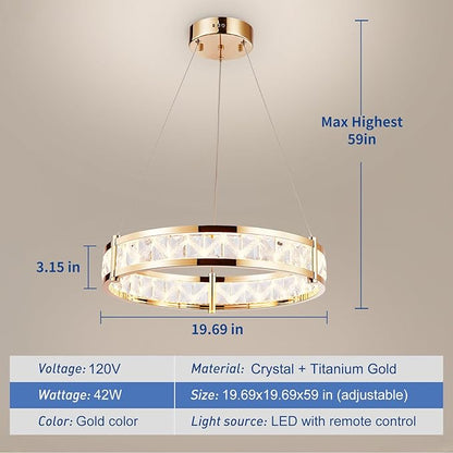 Depuley Modern LED Crystal Chandeliers: 19.7" Ring Chandelier Hanging Crystal Ceiling Light Fixture - 42W Adjustable Height Pendant Light for Living Room Dining Room Bedroom Foyer