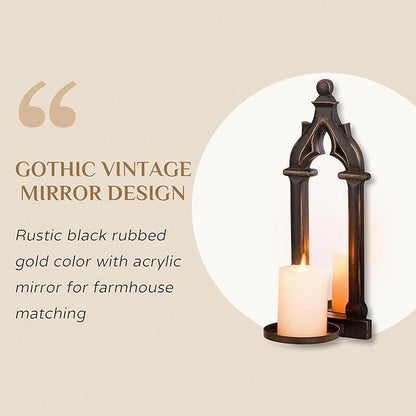 Candle Sconces Farmhouse Wall Decor - Black Gothic Dark Mirror Wall Candle Holder for Halloween Art Decorations - Wood Rustic Candles Sconce Set of 2 for Livingroom Fireplace