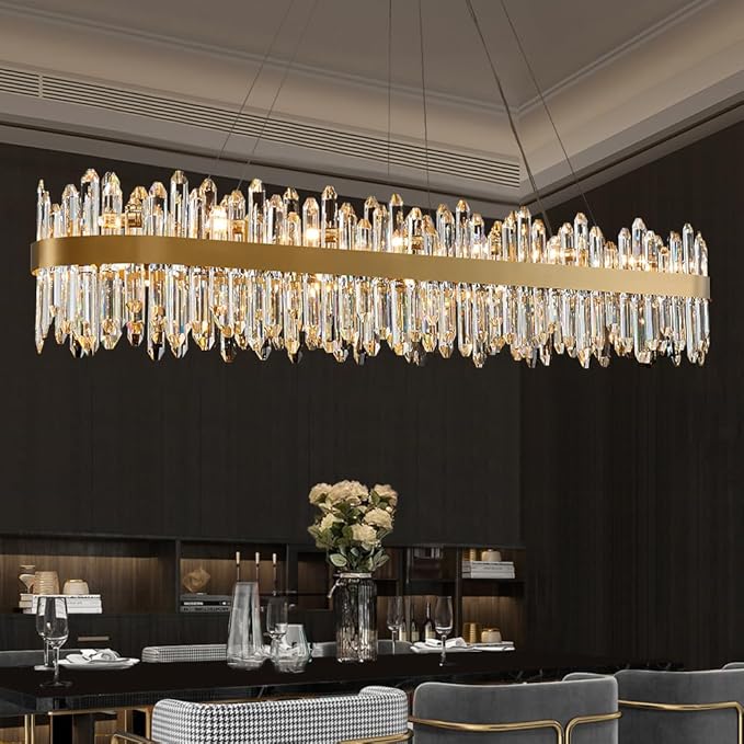 Gold Oval Crystal Chandelier L57 inch, 32-Lights Gold Chandeliers Modern Crystal Chandelier Pendant Light Fixture G9 Lights Pendant Ceiling Light for Dining Living Room Kitchen Island