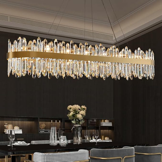 Gold Oval Crystal Chandelier L57 inch, 32-Lights Gold Chandeliers Modern Crystal Chandelier Pendant Light Fixture G9 Lights Pendant Ceiling Light for Dining Living Room Kitchen Island