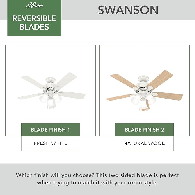 Hunter 44 inch Indoor Ceiling Fan with LED Lights - White Ceiling Fan with Pull Chain, For Bedroom, Living Room, or Kitchen, Standard Mount, No Remote, 5 Blades - Swanson 50885, Fresh White