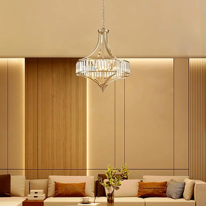 XINGQI Large Crystal Chandelier 21.6" Brushed Nickel Chandeliers for Dining Room, Rustic Farmhouse Pendant 6-Light with Round Metal Shade for Living Room Kitchen Bedroom Office
