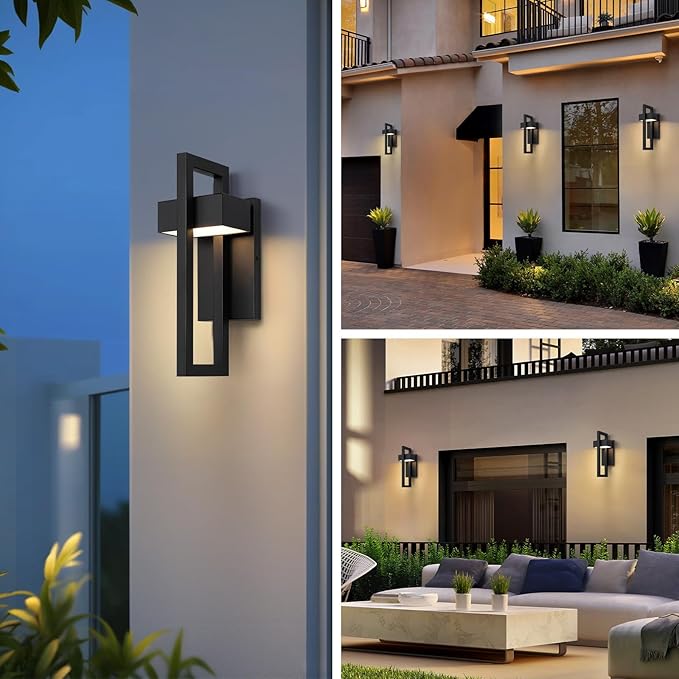 Krychiler 13.6 Inch Contemporary Outdoor Wall Lights with 3000K Integrated LED, 2 Packs Matte Black Metal Modern Exterior Lighting Fixtures Outside Wall Mount, for House Porch Patio Garage Front Door
