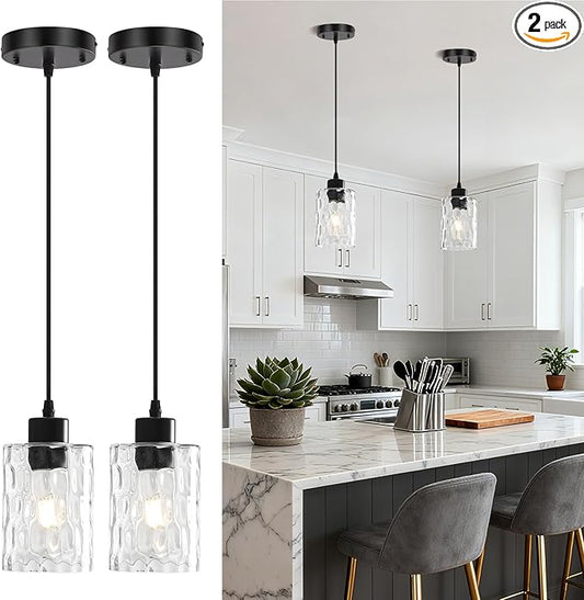 2 Pack Black Pendant Lights Kitchen Island, Adjustable Modern Glass Pendant Light Fixtures Hanging Light Fixture with Hammerde Glass Shade for Bedroom Dining Room Living Room Entryway