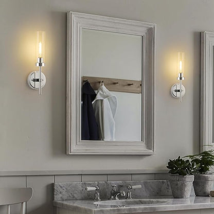WILON Modern Wall Sconces 2 pcs, Bathroom Light Fixture with Long Clear Glass Shades, Indoor Siver Wall Lamp for Vanity Mirror Bedroom Living Room Bedside Hallway Corridor Stairs, Chrome