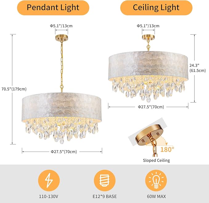 LumFurn D24inch Drum Capiz Shell K9 Crystal Chandeliers, 8-Light Coastal Style Pendant Light Fixture for Dining Room, Living Room, D24xH23~71 inch(Adjustable), Shell Lampshade & Gold Finish