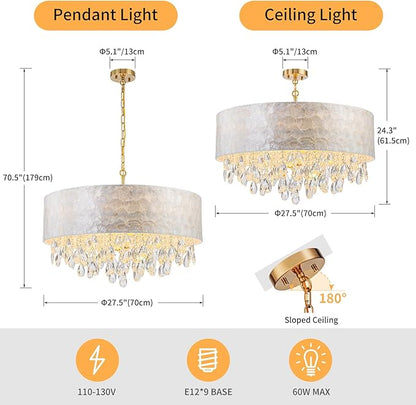 LumFurn D24inch Drum Capiz Shell K9 Crystal Chandeliers, 8-Light Coastal Style Pendant Light Fixture for Dining Room, Living Room, D24xH23~71 inch(Adjustable), Shell Lampshade & Gold Finish