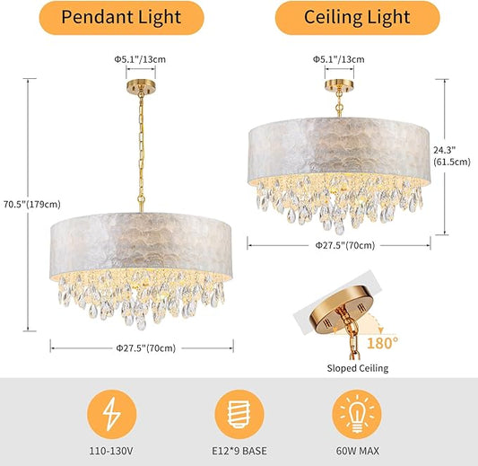 LumFurn D24inch Drum Capiz Shell K9 Crystal Chandeliers, 8-Light Coastal Style Pendant Light Fixture for Dining Room, Living Room, D24xH23~71 inch(Adjustable), Shell Lampshade & Gold Finish