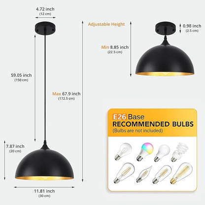 3 Pack Black Pendant Lights Kitchen Island 11.8" Modern Dome Pendant Light Fixtures Farmhouse Hanging Ceiling Light Fixture for Dining Room Foyer Hallway Bar Cafe Sink