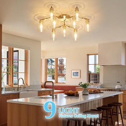Brushed Nickel 9 Light Dining Room Ceiling Light Fixture Large Semi Flush Mount Ceiling Light Fixture Kitchen Lighting Fixtures Ceiling Light for Living Room with Clear Glass Shades