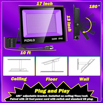 2 Pack 320W LED Black Light, Blacklight Flood Light with Plug & Switch, IP66 Waterproof Outdoor Blacklight Floodlight for Halloween Fluorescent Poster Body Paint Neon Glow in The Dark Stage Lighting