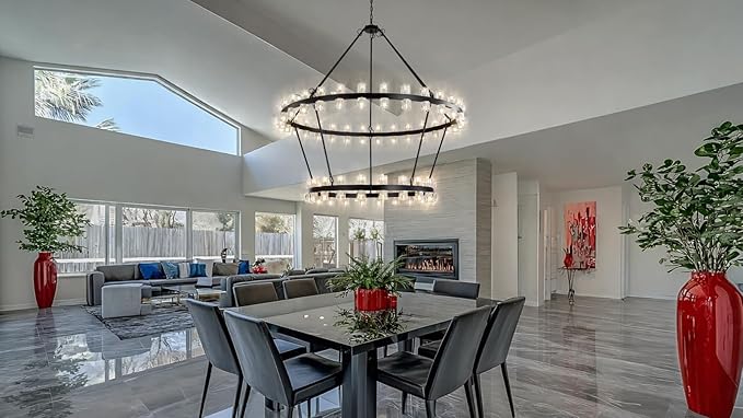 60 Inch Black Wagon Wheel Chandelier with Crystal Shade, 2 Tier 100 Lights, Modern Farmhouse Style, Ideal for Dining Room, Kitchen, Entryways