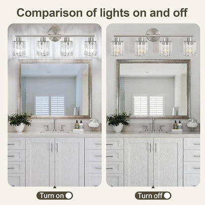 Crystal Bathroom Light Fixtures, Bathroom Lighting Fixtures Over Mirror, Modern 4-Light Brushed Nickel Vanity Lights for Mirror, Restroom, Kitchen(Ceramic E26 Socket,Bulbs Not Include)