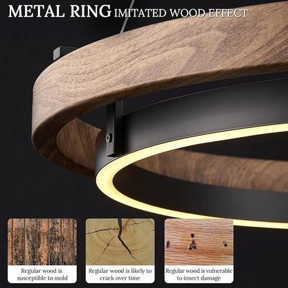 LED Ring Chandelier Dimmable Black Chandelier Round Foyer Chandeliers Light Walnut Wood Black Circular Chandeliers for Dining Room Entry Bedroom Office Living Room, 24in
