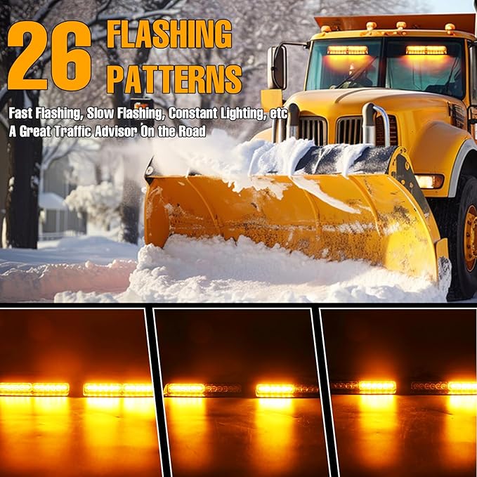 Amber LED Warning Dash Windshield Strobe Lights, 26 Modes 12/24V 2 x 8.4” Emergency Traffic Advisor 2 x 8.4 Inch Car Front/Rear Dash Windshield Strobe for Trucks Vehicles Snow Plow