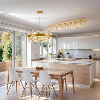 Siljoy 13-Light Modern Crystal Chandelier, Large Rectangular Gold K9 Crystal Raindrop Chandelier, Dimmable Flush Mount Crystal Ceiling Light for Dining Room Living Room Kitchen Island L59''