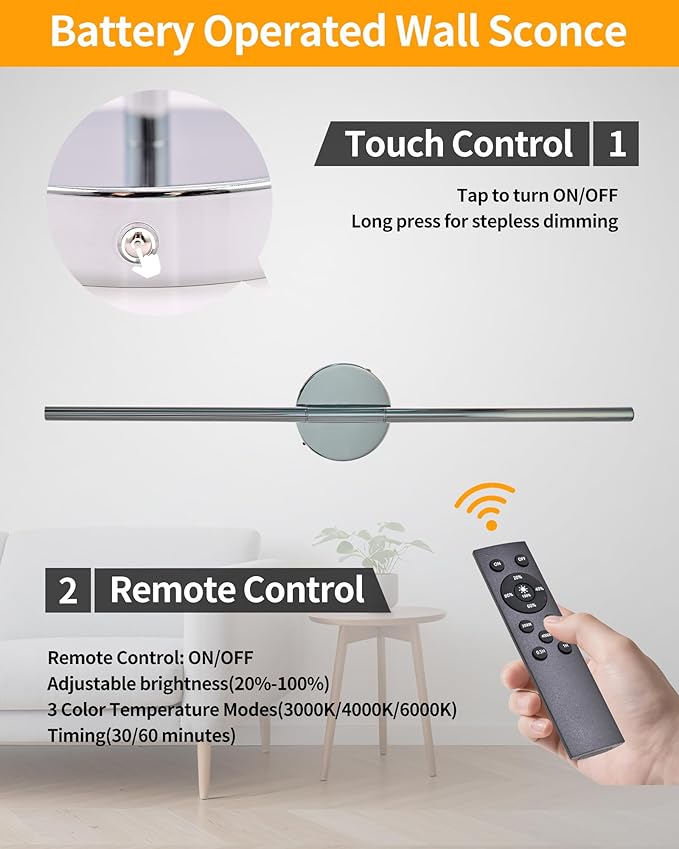 Wireless Wall Sconces Set of 2 ，20Inch Battery Operated Wall Lights with Remote Control，360°Rotate Dimmable led Wall Lamps for Living Room and Bedroom (Chrome)