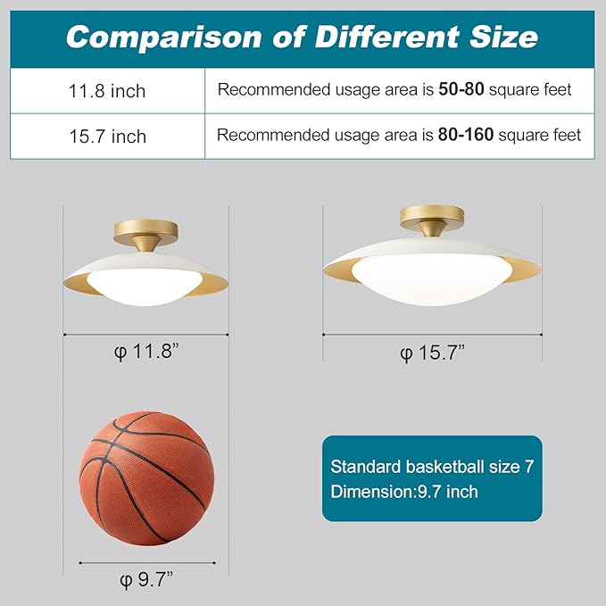 Dimmable Mid Century Modern Semi Flush Mount Ceiling Light with Acrylic Shade,White Gold LED Ceiling Light,5CCT 2700K-6000K Light Fxiture for Hallway Bedroom Kitchen Laundry Room Living Room 15.7 in