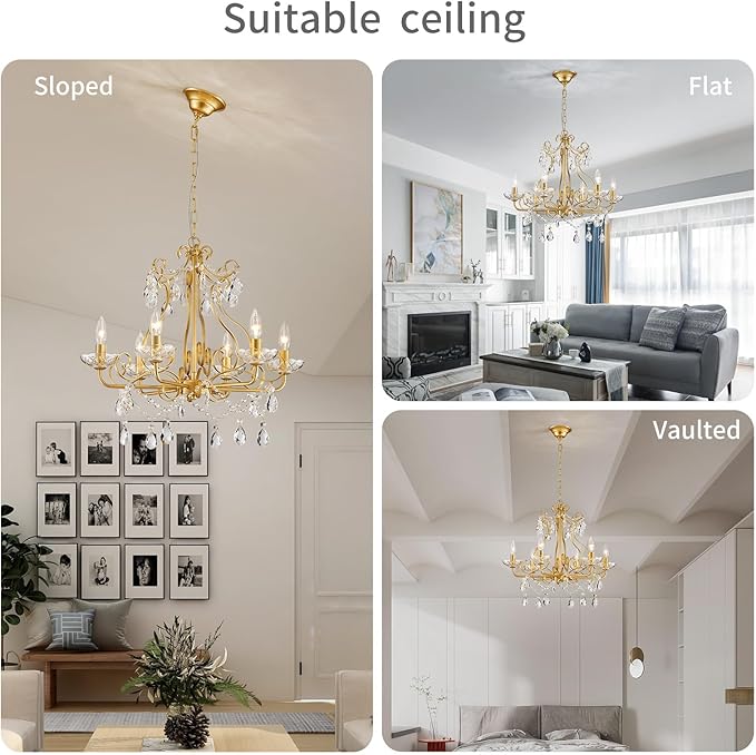 WUZUPS Crystal Candle Chandelier Pendant Flushmount Ceiling Light Modern Lighting Fixture for Bedroom Hallway Bar Kitchen Bathroom, H 22.5" x W 21.7", Gold, E12 Base