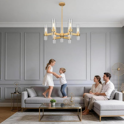 LIGHTDAMY Gold Chandelier,9 Light Farmhouse Chandeliers for Dining Room Light Fixtures Over Table,Kitchen Hanging Lighting with Clear Glass Class for Living Room Kitchen Island Hallway Foyer 28"