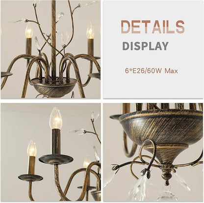 Farmhouse Crystal Chandelier,26 Inch Modern Flower Branch Oil-Rubbed Bronze Rustic Vintage Hanging Pendant Ceiling Light Fixture for Living Room Dining Room Bedroom Foyer Entryway