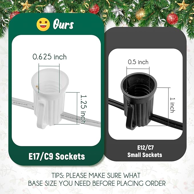 C9 Light Strand 100 FT for E17-12 Spacing, Outdoor String Light Christmas Stringer with 100 Sockets for Patio (White)