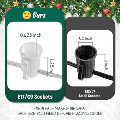 C9 Light Strand, 50 FT Outdoor String Lights Christmas Stringer with 50 Sockets for Christmas Decor Patio, E17 Light Socket, 12 Spacing, White Wire