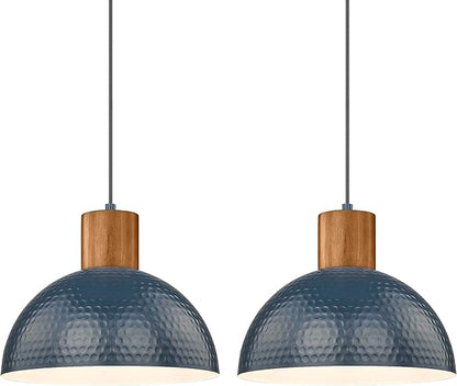 ELYONA Modern Hammered Pendant Light Fixtures with 12" Metal Shade Solid Wood Dome Hanging Pendant Light for Farmhouse Kitchen Island Dining Room Sink Bedroom Hallway Medium 2 Pack Blue