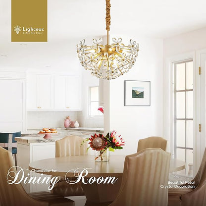 17" Modern Gold Crystal Sputnik Chandelier for Dining Living Room Glam Luxury Petal Hemisphere Chandelier 7-Light for Foyer Hallway Elegant Pendant Ceiling Light Fixtures for Kitchen Bedroom