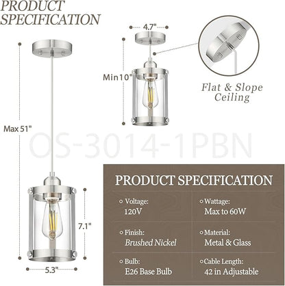 Brushed Nickel Pendant Lights Kitchen Island, 1-Light Modern Mini Hanging Light Fixtures with Clear Glass, Farmhouse Kitchen Pendant Lighting Over Island for Sink, OS-3014-1PBN