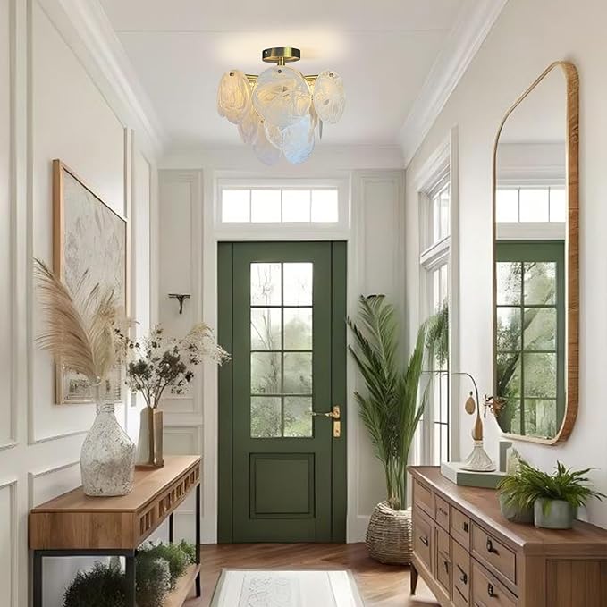 Small Crystal Chandelier Semi Flush Mount Ceiling Light Fixture Modern Bronze Gold Cloud Glass Chandelier Light for Entryway Hallway Bathroom Bedroom