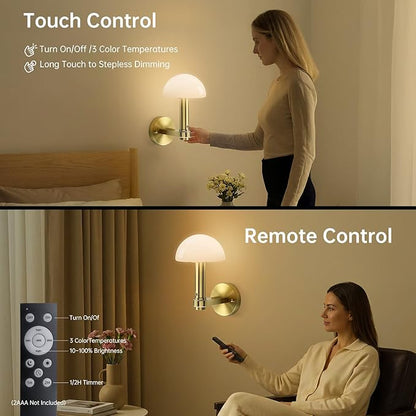 Wireless Wall Sconce Set of 2 for Bedroom Living Room, Battery Operated Wall Sconce Decor Light with Remote & 5000mAh Rechargeable, Gold Mushroom Wall Lamps for Hallway Bathroom Vanity