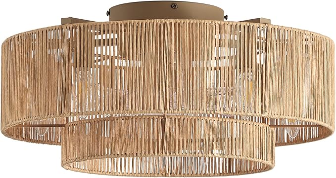 20'' Rattan Boho Ceiling Fan with Light, Enclosed Caged Ceiling Fans with Lights and Remote Control, Coastal Flush Mount with Reversible 6 Speeds for Living Room Bedroom Kitchen