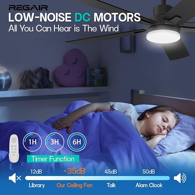 Ceiling Fan with Light 52-Inch, Remote Control Reversible DC Motors, 3CCT Dimmable Timer Noiseless, Black Ceiling Fan for Bedroom Living Room, Indoor&Outdoor ETL Listed
