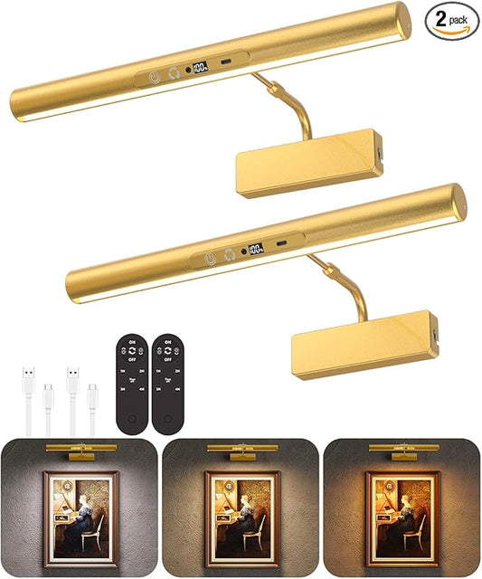 Skairipa Picture Light for Wall, 6000mAh Rechargeable Wireless Wall Lights, 13'' Dimmable Remote Magnetic LED Art Painting Light with 3 Color Temps, Display for Gallery, Living Room (Gold, 2Pack)