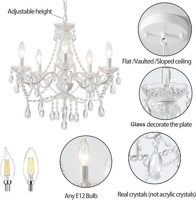 AMZASA Crystal White Chandelier, Ceramic White Hanging Pendant Light,Crystals Pendant and Glass Dish,5 Light Crystal Chandeliers for Ceiling Medallions,Wedding,Dining,Kitchen, Foyer,Mini