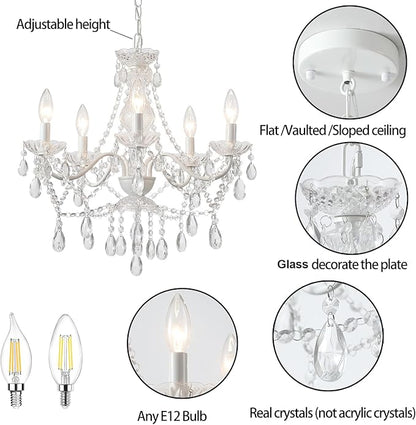 AMZASA Crystal White Chandelier, Ceramic White Hanging Pendant Light,Crystals Pendant and Glass Dish,5 Light Crystal Chandeliers for Ceiling Medallions,Wedding,Dining,Kitchen, Foyer,Mini