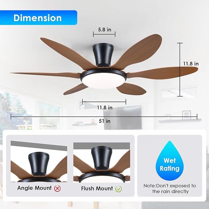 Ceiling Fans with Lights, 51 inch Modern Low Profile Ceiling Fan with Light and Remote App Control, Flush Mount, Quiet DC Reversible, Dim Led Ceiling Fan 6 Blade Softer Wind Indoor/Outdoor Patio Brown